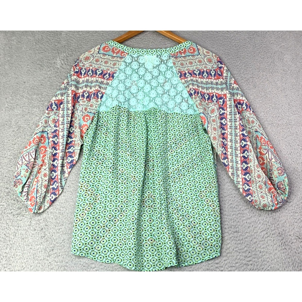 Anthropologie Fig and Flower Blouse Womens Size Medium Teal Multicolor Sheer - Picture 6 of 12